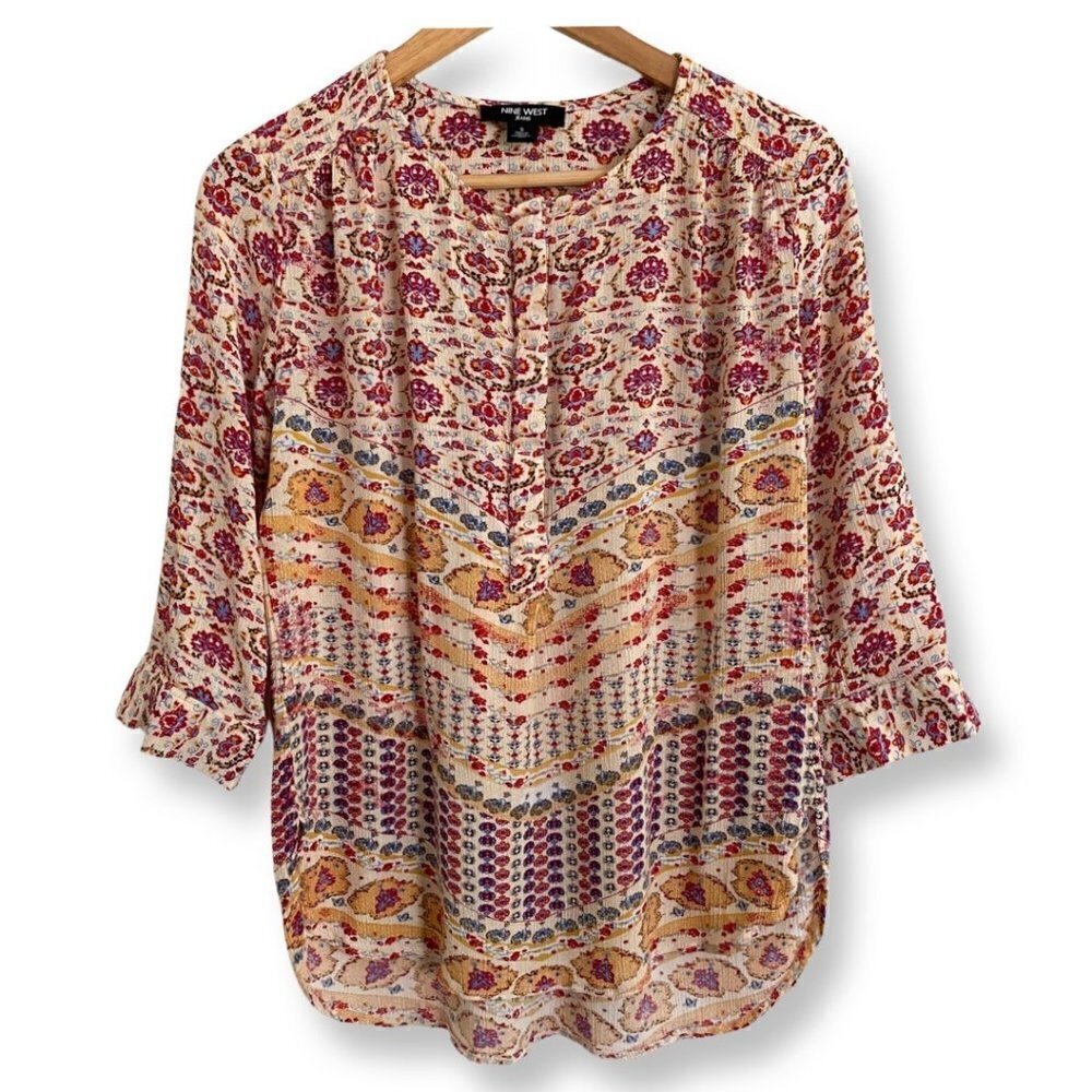 NINE WEST JEANS Boho Floral Tunic Multicolor Roll Tab 1/2 Sleeves Size Small